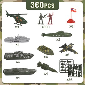 3 otters 360PCS Army Men Military Set, Army Men Toy Soldiers Plastic Military Figures Aircraft Carrier Warships Submarines and Other Accessories for Kids, for Toddler Kids Boys Ages 3+