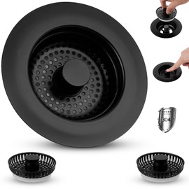 Black Sink Drainers for Kitchen Sink, All Metal Kitchen Drain Stopper for US Standard 3-1/2 Inch Sink Drain, Extra 2 Pcs Stainless Steel Mesh Filter Basket with Flat Handle