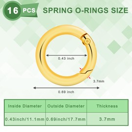 16 Pack Small Spring O Ring, Metal Key Ring Hook Mini Round Carabiner Clip for Dog Tag Clip Paracord Keyring Lanyard Keychain Ring Purse Charm Rings Clasps (11mm Gold)