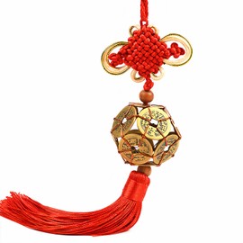 HannaFires 3D Chinese Knot Hanging Ornament with Copper Coins - 12Inchs Handcrafted Red String Decor for Car, Home Entrance, Good Luck Charm, Traditional Chinese Feng Shui Gift,Yin and Yang