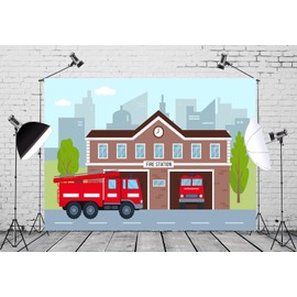 CORFOTO 7x5ft Fabric Cartoon Fire Station Backdrop Photography Firetruck Firefighter Background Kids Firefighter Themed Birthday Party Decorations Photoshoot Booth Studio Props