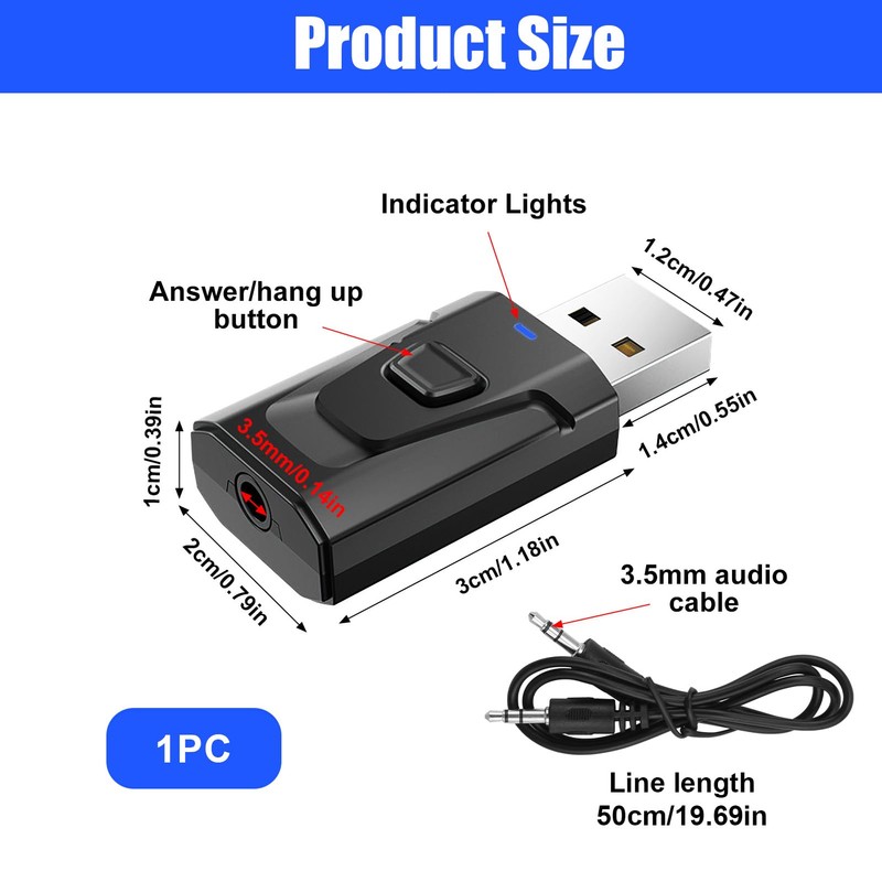 LANAFAY USB Bluetooth 5.0 Adapter with 3.5mm AUX, 4-in-1 Car