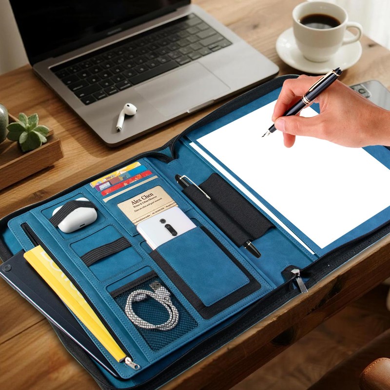 Leather Business Portfolio Organizer Padfolio Binder for Women with Zipper