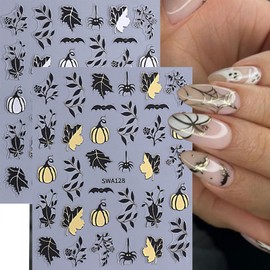Maple Leaf Nail Art Stickers Pumpkin Nail Decals Cute Ghost Cobweb Bat Sticker for Nails Designs 3D Self-Adhesive Nail Stickers Fall Nail Decoration for Women Nail Art Supplies 4 Sheets