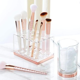 mDesign Plastic Makeup Brush Storage Organizer with 15 Slots for Bathroom Countertop, Vanity to Hold Eye/Lip Pencils, Lip Gloss, Liners, Lipstick - Clear/Rose Gold