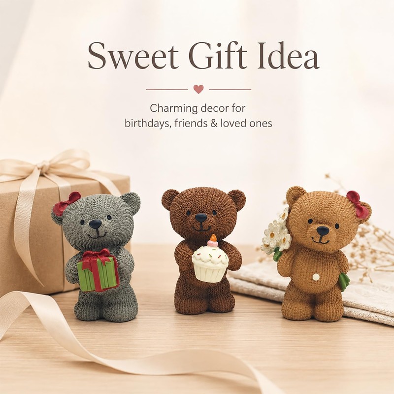 MeritMode Teddy Bear Ornaments Set, 2.8”H Resin Figures, Cute Home