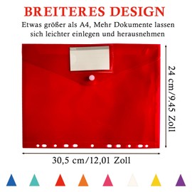 ZACHMEST Document Folder A4 Storage Bag 32 Pieces, 8 Colours A4 Document Folder with 11 Perforated Edges and Label Pocket & Snap Closure, Waterproof Organiser Folders for A4 Documents