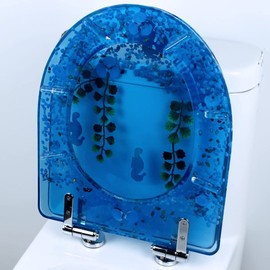 Round Ocean Resin Toilet Seat Slow Close Quick Release Metal Zinc Alloy Hinge Easy to Install also Easy to Clean Home Bathroom Shells Decor