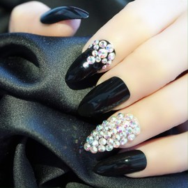 EDA LUXURY BEAUTY BLACK 3D LUXE JEWEL DESIGN Full Cover Press On Nails Acrylic Nail Kit Artificial Nail Tips False Nails Extra Long Oval Round Pointed Almond Stiletto Nail Art Fashion Fake Nails