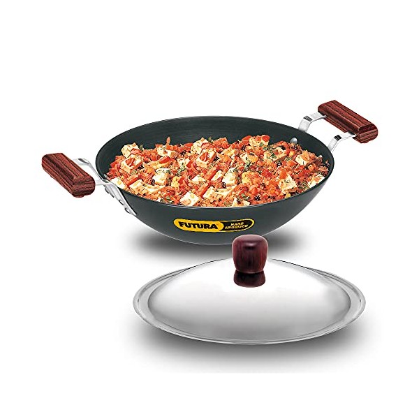 Futura Induction Compatible Hard Anodized Flat Bottom Deep Fry Pan / Kadhai with Stainless Steel Lid, 3.75 Liter