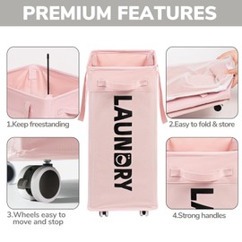Goodpick Laundry Hamper with Wheels, 75L Collapsible Laundry Basket on Wheels, Rolling Laundry Hamper with Removable Wash Bag for Living Room, Pink Laundry Basket with Handle for College Dorm