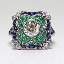 Yuren 925 Sterling Silver Vintage Emerald Ring Blue Sapphire White Topaz Ring Women Wedding Fashion Jewelry Size 6-10 (US code 10)