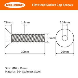 M10-1.5 x 30mm Flat Head Hex Socket Cap Screws Countersunk Bolts, 304 Stainless Steel, Machine Fully Threaded, Metric Allen Socket Drive, Bright Finish, 10PCS