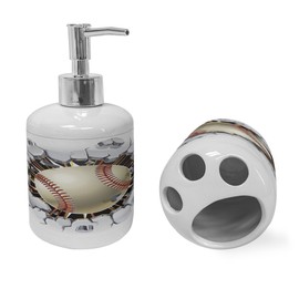 Ambesonne Sports Soap Dispenser & Toothbrush Holder Set, Baseball and Old Plaster Concrete Wall Damage Illustration Competition, Ceramic Bathroom Toiletry Accessories, 2 Pcs, Ivory Pale Grey Orange