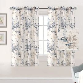 H.VERSAILTEX Linen Sheer Curtains for Living Room Curtains 63 Inches Long Light Filtering Rod Pocket Window Sheer Linen Curtains for Bedroom, 2 Panels, Classical Floral Printing Bluestone and Taupe