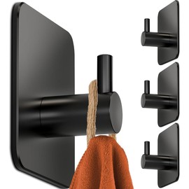 Coalinker Self Adhesive Hooks 4 Pack - Stick on Wall Adhesive Hanger Holder - Self Adhesive Hooks for Kitchen Bathroom Home Door Towel Coat Key Robe Black