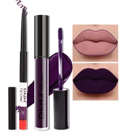 Amy's Diary 2Pcs Dark Purple Lip Liner and Lipstick Matte Makeup Set, Darkest Eggplant Plum 24H With Liner Set, Matt Liquid Long Lasting Mate Dark Berry (#20)