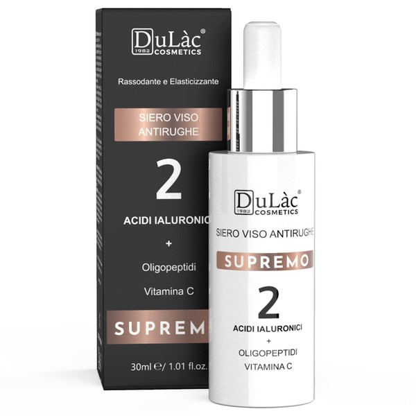 Hyaluronic Serum for the Face, Anti-Wrinkle Effect Dulàc Cosmetics SUPREMO Rich in Hyaluronic Acid, Vitamin C, Anti-Ageing Peptides, Aloe and Silk Proteins, Made in Italy