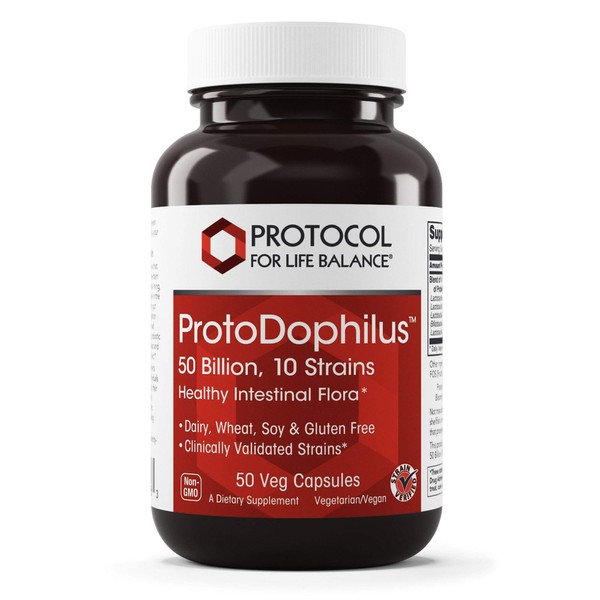 PROTOCOL FOR LIFE BALANCE - ProtoDophilus - 50 Billion, 10 Strains - Healthy Intestinal Probiotic Flora to Support Digestive Function and Immune Health - 50 Veg Capsules