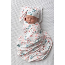 Terriboo Newborn Receiving Blanket and Headband Set Flower Print Baby Swaddle Wrap Floral (Pink 1)