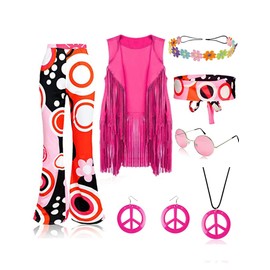 Bleoavre 8 Pcs 60s 70s Outfits for Women Disco Hippie Costume Set Fringe Vest Boho Flared Pants Peace Sign Earring Headband (US, Alpha, Small, Regular, Regular, Pink)