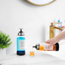 VITVITI 10OZ Mouthwash Dispenser for Bathroom, Glass Mouth Wash Container with Cup Lid, Clear Refillable Mouthwash Bottle Decanter with Silicone Pad/Labels, Set of 2