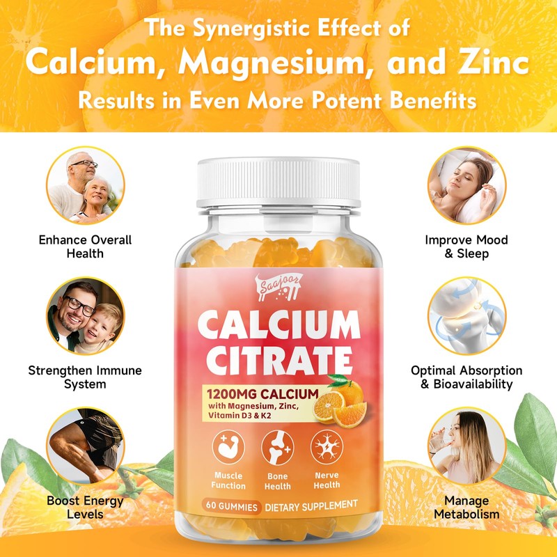 Calcium Citrate Gummies 1200 mg with Vitamin D3, K2, Magnesium,