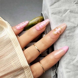 3D Gold Flower Press on Nails Peach Blossom Stick on Fingernails Glossy French False Nails Tortoise Pattern Gel Glue on Nail 24Pcs Curve Line Acrylic Medium Almond Fake Nail for Coquette Women Girls