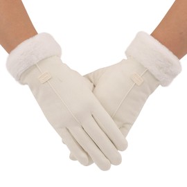 Zeltauto Women's Touch Screen Gloves Faux Suede Full Finger with Warm Plush Lining(Beige)