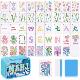 Simgoing American Mahjong Tile Set, 160 Blossom Numbered Engraved Melamine Mahjong Tiles with Storage Bag and Accessories for Friends and Family Gatherings(Blue)