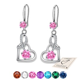Drop Earrings for Women, Hypoallergenic Silver Dangly Earrings with Cubic Zirconia Twisted Linear Infinity Love Earrings Birthstone Jewellery Gifts for Her Birthday Anniversary Christmas, Pink Stone