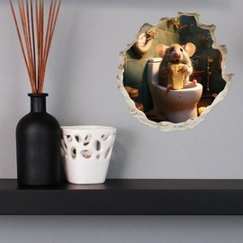 Eating Mouse On Toilet in Mouse Hole - 3D Wall Sticker Decal, Cartoon Home Decor Vinyl Art, Bookcase, Laptop, Classroom, Kids Room, Bedroom, Children, Adorable