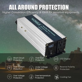 WZRELB 500W Pure Sine Wave Inverter 12V DC to 110V 120V AC Power Converter with LED Display, Remote Controller, Off-Grid Power Inverter 1000W Surge for Home, RV, Truck, Camping