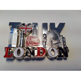 My London Souvenirs Metal Silver Decorative Magnet, Large, London Icons and Word, I Love UK with Union Jack Heart, 1 Piece, UK