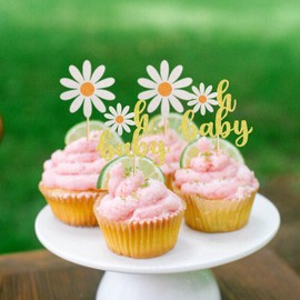 Keaziu - Paquete de 24 adornos para bebé, margaritas, decoración de fiesta de cumpleaños, decoración bohemia, decoración de pasteles, decoración de flores, baby shower, fiesta de cumpleaños