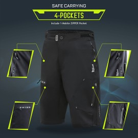 Brisk Bike Cycling Shorts Men's MBT Shorts with 4 Zipper Pockets and Adjustable Waistband Cycling Shorts (Black, L)