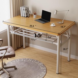 HDOFM Folding Computer Desk with Storage Rack, 39.4 inch Foldable Desk for Small Spaces, Wood Table for Home Office Study, No Assembly Required, Teak