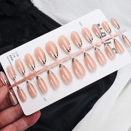 Uñas postizas con punta francesa dorada, almendra, color nude brillante, acrílicas, doradas y cromadas, reutilizables, con pegamento artificial para m