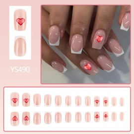 Heart French Fake Nails,Heart Decoration French False Nails,24pcs Glossy Nude Pink Stick on Nails with Glue, Love Medium Long-Acrylic Nails,Square Stick on Nails for Valentine's day Manicure Home DIY