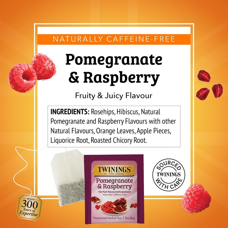 Twinings Pomegranate & Raspberry Herbal Tea Individually Wrapped Bags, 20