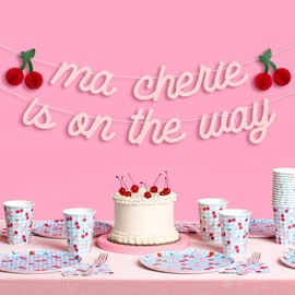xo, Fetti Ma Cherie Is On The Way Banner - Pink Glitter, 4.5 Ft. | 3D Cherry Garland, Baby Shower Decoration, Darling Accordion Party Sign, Pregnancy Announcement Photoshoot Backdrop