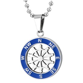 COOLSTEELANDBEYOND Men's Compass Pendant Necklace with Blue Enamel Marine Rudder Pendant Necklace Stainless Steel Nautical Jewellery, Blue enamel, No Gemstone