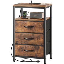 Huuger Nightstand with Charging Station, 27.6 Inch Bedside Table with Fabric Drawers, End Table Side Table with USB Ports and Outlets, Night Stand for Bedroom, Rustic Brown