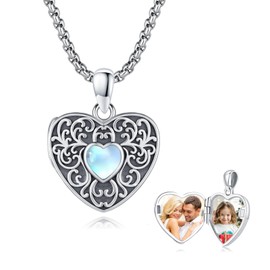 PARYFO Vine Heart Shaped Locket Necklace 925 Sterling Silver Photo Locket Necklace That Holds 2 Pictures Vintage Oxidized Moonstone Filigree Pendant Jewelry Memory Gifts for Women Men, 20mm X 20mm,