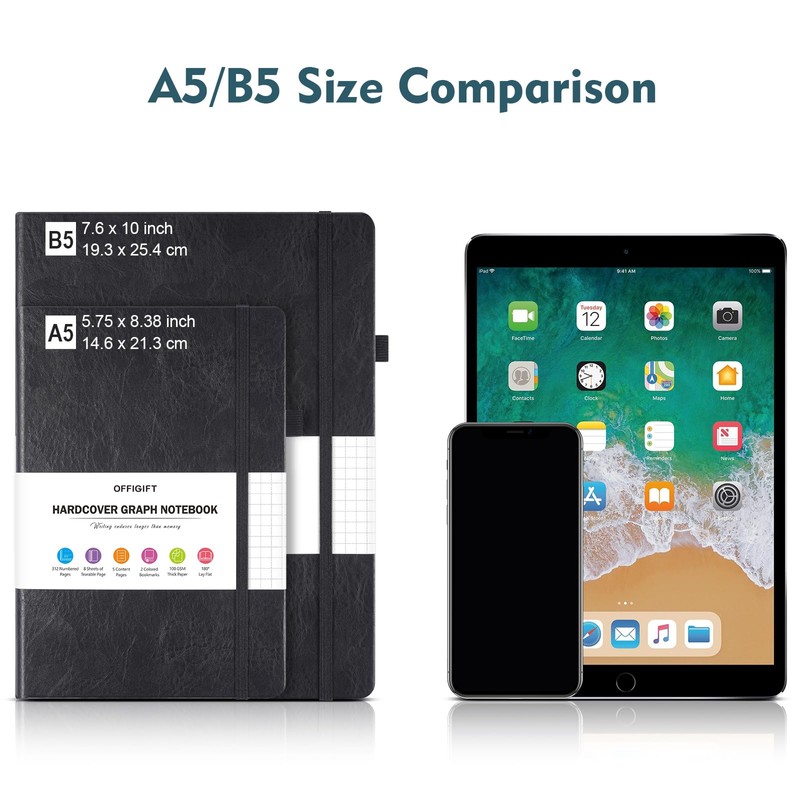 OFFIGIFT Graph Paper Notebook, 312 Numbered Pages B5 Hardcover Leather