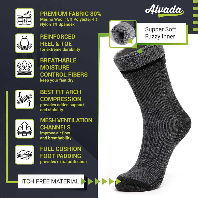 Alvada Mens Merino Wool Crew Socks Thermal and Warm Socks