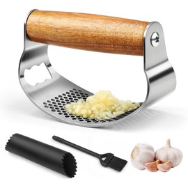 NEUTYPECHIC Garlic Press Stainless Steel Garlic Press Wooden Handle Garlic Press Rocker with Bottle Opener, Garlic Rocker Suitable for Chopping Garlic and Lngwer Lngwer and Mashed Potatoes