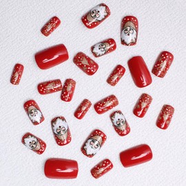 24 Pcs Christmas Press on Nails Red Glossy Fake Nails with Santa Claus Snowflake Xmas Tree Design Golden Glitter False Nails Short Square Shaped Acrylic Nails Winter Xmas Decoration for Women