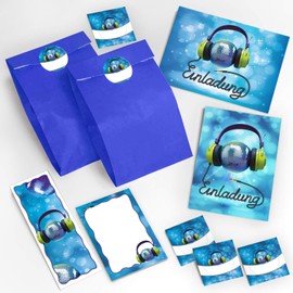 JuNa-Experten 12 Invitation Cards Birthday Children Adults Girls Boys Boys Disco Party Including 12 Envelopes, 12 Bags / Dark Blue, 12 Stickers, 12 Bookmarks, 12 Pads