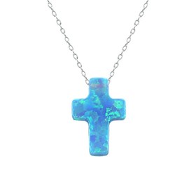 ZeSen Jewelry Blue Opal Cross Pendant Choker Necklace Sterling Silver Charming Collar Necklace (Sky Blue)